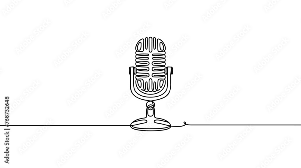 Poster one single line drawing of retro old classic radio microphone for broadcasting. vintage loudspeaker 