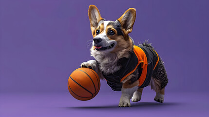 Surreal of a Corgi Playing Basketball in an Orange and Black Uniform