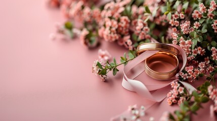  A golden couple embraces on a soft pink backdrop, surrounded by delicate baby's breath blossoms - obrazy, fototapety, plakaty