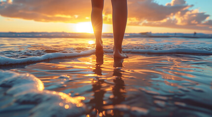 Low angle view of girls feet walking on beach at sunset 