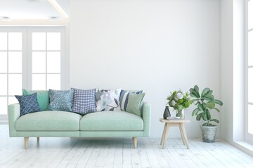 White living room with sofa. Scandinavian interior design. 3D illustration