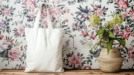 white tote bag on a table mockup, floral background
