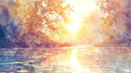 幻想的な夕暮れの光と穏やかな池の水彩イラスト風景