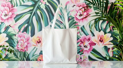 white tote bag on a table mockup, floral background