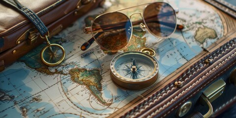 Fototapeta na wymiar Creative arrangement of travel accessories, including a world map, a vintage compass, stylish sunglasses, and a leather passport holder, laid out on a suitcase created with Generative AI Technology