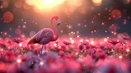 Wandaufkleber  A flamingo, pink in hue, stands amidst a field of blooms as sunlight bathes the scene © Nadia