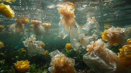 Fototapeta na wymiar A cluster of plastic bags drifting on top of water beside vibrant yellow and white blossoms