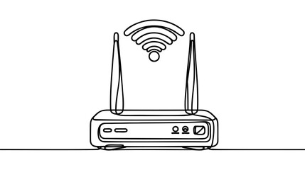 Continuous one line drawing of wireless internet router in silhouette on a white background. Router line art vector. Line art vector isolated on white background for coloring book. - obrazy, fototapety, plakaty