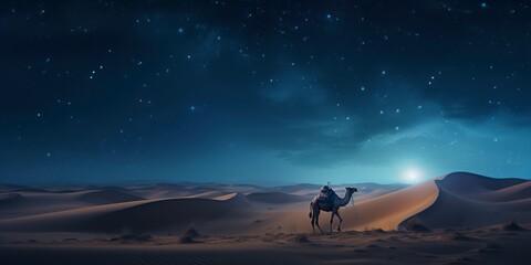 Camel in the desert at night. - obrazy, fototapety, plakaty