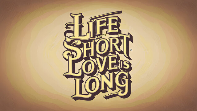 Typography design with the words "Life is Short, Love is Long" elegantly written in a cursive script. The letters are in shades of red, pink, and white, creating a romantic and passionate atmosphere.