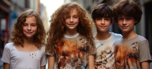 young boys and girls with brown hair and brown t-shirts are standing together