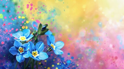  A multicolored background with blue flowers on top, surrounded by a blue and yellow field
