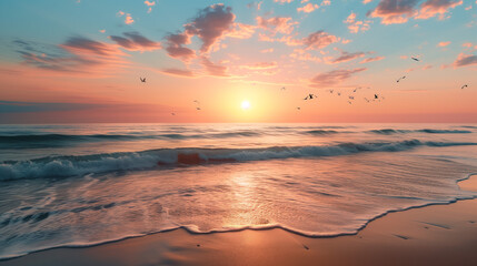 Serene sunset over ocean with flying birds and clouds