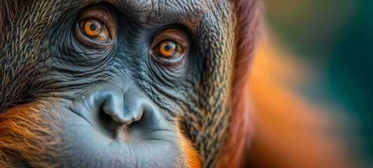 Intimate close-up of orangutan with piercing gaze - obrazy, fototapety, plakaty