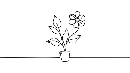 Continuous one line drawing of a flower in a pot. Beautiful flower Isolated on a white background. Vector illustration.