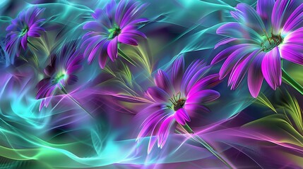 Computer generated image of purple flowers on a black background with blue, green, pink and green color pattern