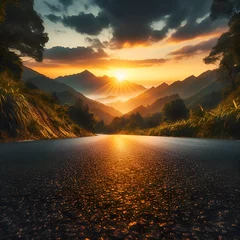 Foto op Plexiglas A serene sunrise illuminates a tranquil road leading towards majestic mountains, embraced by lush forests © Maryam