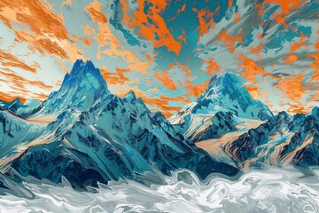 a mountain range with orange and blue clouds