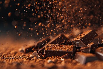 Macro shot of cocoa powder dusting on chocolate the fine grains sharply outlined against the smooth dark background highlighting the contrasting textures