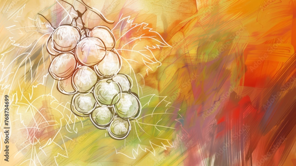 Poster a painting of multiple grapes dangling on branches with multicolor leaves and a grungy effect