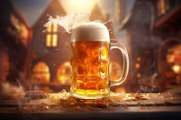 a glass of beer with foam and smoke - obrazy, fototapety, plakaty
