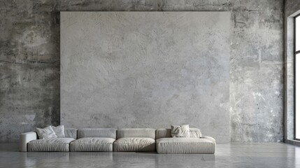  A white sofa facing a gray wall with a sizable glass door adjacent to it - obrazy, fototapety, plakaty