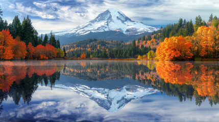 Snow blankets a towering mountain peak above a lake mirroring the fall colored foliage around