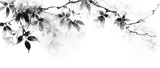 Drawing of abstract watercolor branches and flowers in chinese and japanese painting ink style, horizontal banner	
