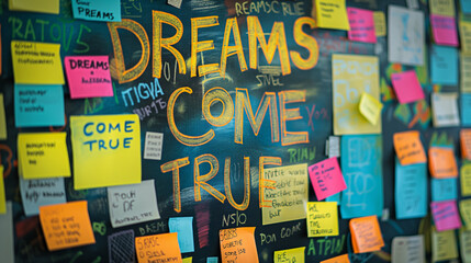 Motivational Post-It Notes Wall with Inspirational Dreams and Goals
