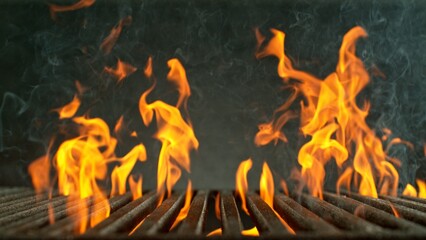 Close-up of cast-iron grate with fire flames, dark background - 768735620