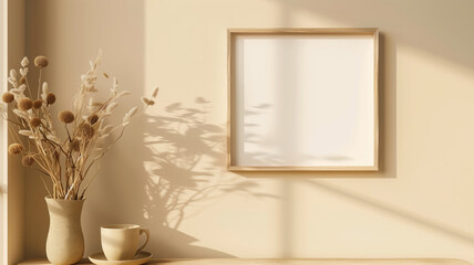 Empty wooden picture frame mockup hanging on beige wall background. Boho shaped vase, dry flowers on table. Cup of coffee, old books. Working space, home office. Art, poster display. Modern interior.