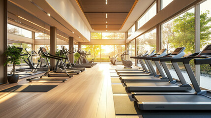 Modern gym interior with equipment. Fitness club with row of treadmills for fitness cardio training in evening backlight - obrazy, fototapety, plakaty