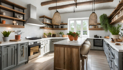 Fototapeta premium Modern Farmhouse Kitchen. Generative AI.