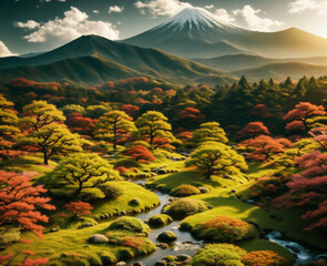 abstract japaneese lansdcape with mountain on sunset,  flowering sakura