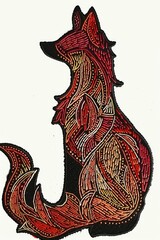 A drawing of a red fox sitting down, embroidery on white background