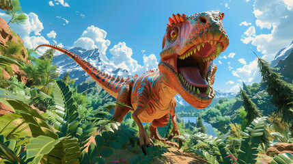 Cartoonish dinosaur in VR simulation, vibrant colors, low angle view, ultra-detailed 3D art