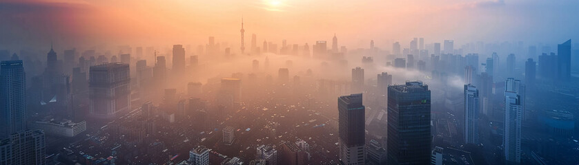 City life under the haze of PM 2.5, transformed by streamer-endorsed air purifying technology - obrazy, fototapety, plakaty