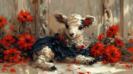 Fototapeta premium A painting of a baby lamb in a dress, surrounded by red poinsettias and a window