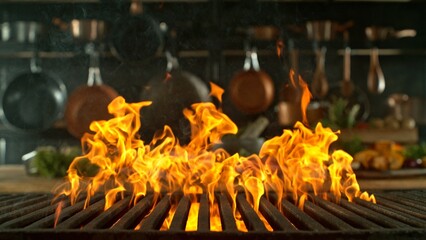 Close-up of cast-iron grate with fire flames, dark background - 768736895