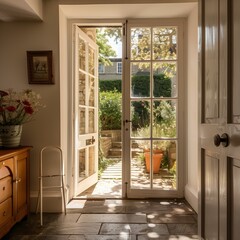 Serene Home Garden View through an Open Door