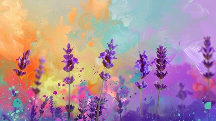  A colorful painting of purple flowers against a vibrant backdrop, with a touch of splashed paint
