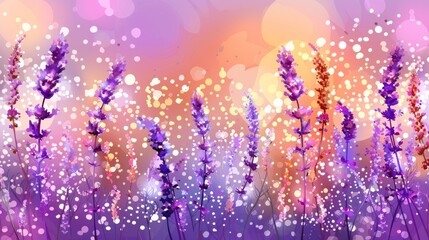  A field of lavender flowers against a pastel backdrop, illuminated by a soft golden haze