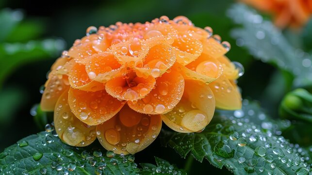 A yellow flower in close-up with water droplets, surrounded by green foliage with water drops