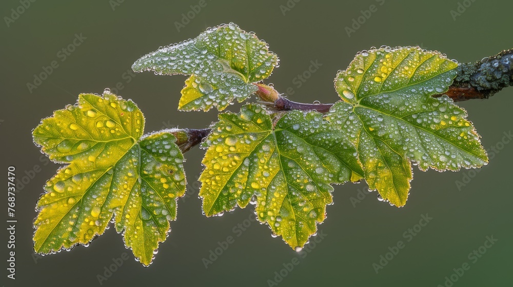 Poster a close-up image of a wet leaf with water droplets and a green branch in the background