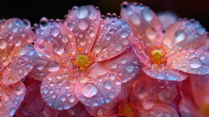   pink flowers with close-up shots of water droplets on their petals, showcasing yellow stamens