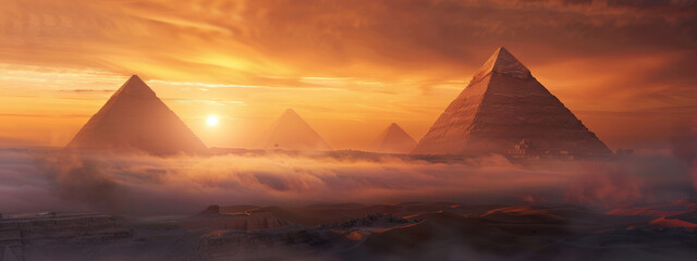 A panoramic view of the Pyramids in Egypt at sunset, with golden hues painting the sky and sand dunes