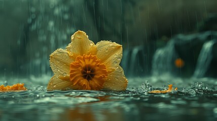  A yellow flower, situated amidst water with a waterfall behind it, in the rain - obrazy, fototapety, plakaty