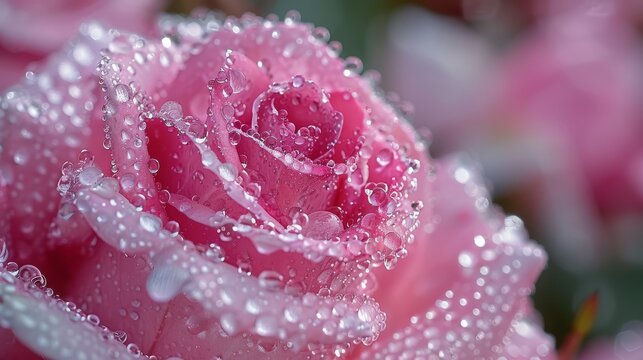  Close-up photo of a pink rose with water droplets and a green leaf