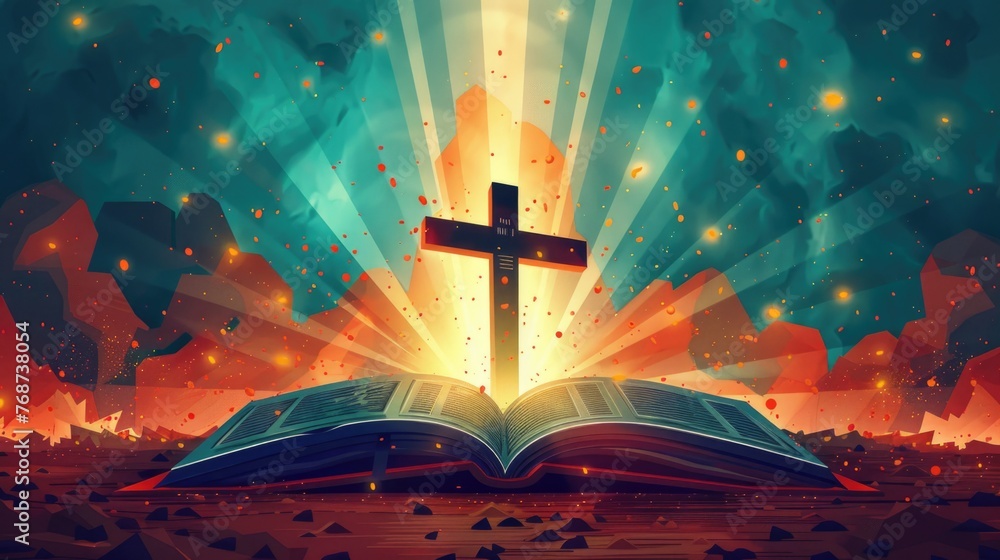 Poster an open book with a cross on top of it