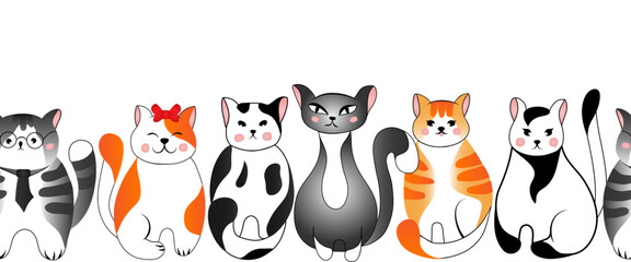 Seamless border (pattern) with cute red and grey cats on white background. Vector illustration for children.